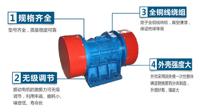 VB振動電機特點：1，規格齊全：型號齊全，質量穩定可靠。2，無極調節：振動電機的激振力可無極調節，利用率高，能耗小，噪音低，壽命長。4，外殼輕度大：外殼采用消失模一次性整體鑄造替換原有分體制造，外觀好看，強度大。