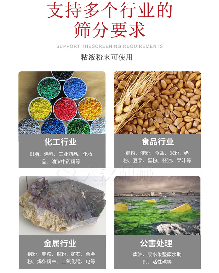 適用于化工行業(yè)，食品行業(yè)，金屬行業(yè)，以及公害處理等行業(yè)?；ば袠I(yè)：樹脂，涂料，工業(yè)藥品，化妝品，油漆，中藥粉等;食品行業(yè)：糖粉，淀粉，食用鹽，米粉，奶粉，豆?jié){，蛋粉，醬油，果汁等;金屬行業(yè)：鋁粉，鉛粉，銅粉，礦石，合金粉，焊條粉末，二氧化錳，電等。公害處理：廢油，廢水染整廒水助劑，活性炭等。超聲波振動篩支持挑選定制常見的有：不銹鋼，碳鋼，全不銹鋼三種規(guī)格。不銹鋼：耐腐蝕，耐高溫適合化工行業(yè),碳鋼：鋼性強，硬度高經(jīng)久耐用,全不銹鋼：機身經(jīng)久耐用不易生銹不易腐蝕超聲波振動篩共有一到四層可供選擇。大漢超聲波振動篩優(yōu)勢：篩分效率高，篩分精度高，產(chǎn)量可提高0.5-10倍適用于：大米，米粉，綠豆，小米等。輕松解決堵網(wǎng)問題適用10目-635目之間的物料。