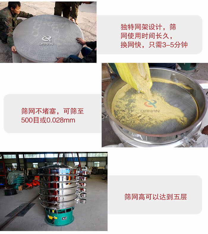 三次元振動篩的特點：篩網使用時間長換讓時間短，篩網不堵塞，可篩至500目或0.028mm。