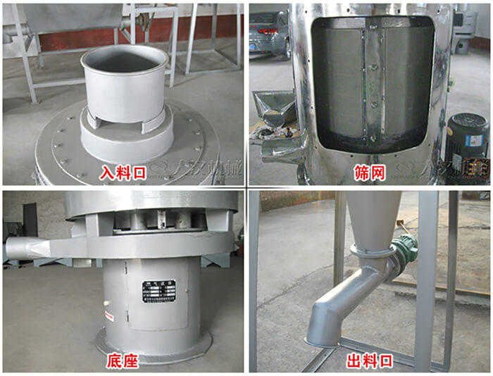 氣流篩部件展示：入料口，篩網，底座，出料口等。