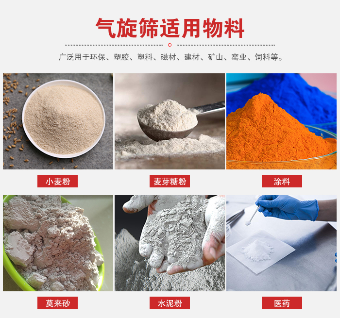 氣旋篩適用物料：小麥粉，麥芽糖粉，涂料，等粉狀物料。
