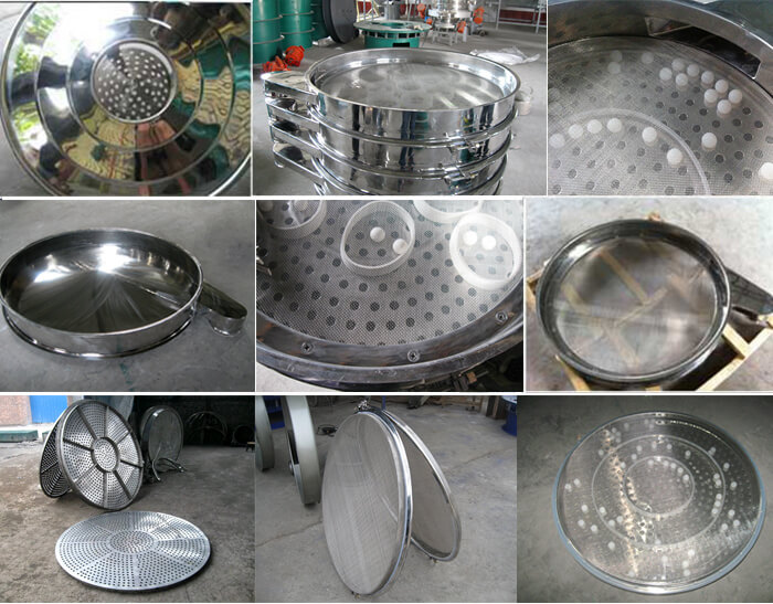 食品振動(dòng)篩細(xì)節(jié)展示：防塵蓋，篩框，網(wǎng)架，底框等。